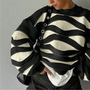Black Casual Women's Round Neck Wave Stripe Color Long-Sleeved Knit Sweater